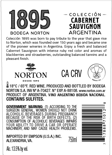 TABC label artwork for NORTON 1895 CABERNET SAUVIGNON
