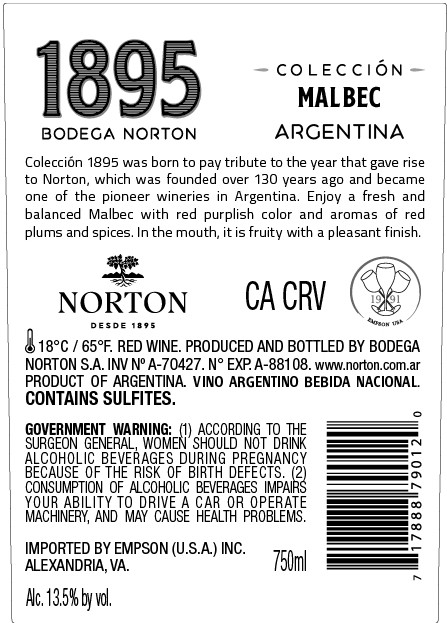 TABC label artwork for NORTON 1895 MALBEC