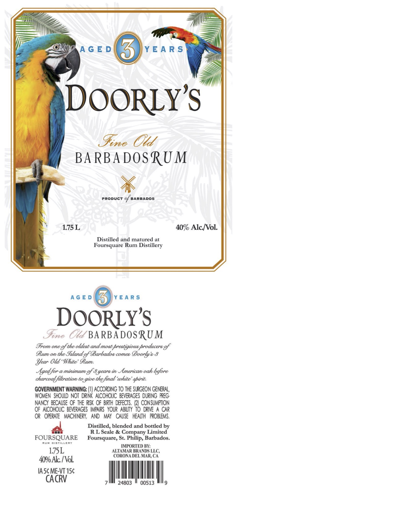 TABC label artwork for Doorly's White Rum