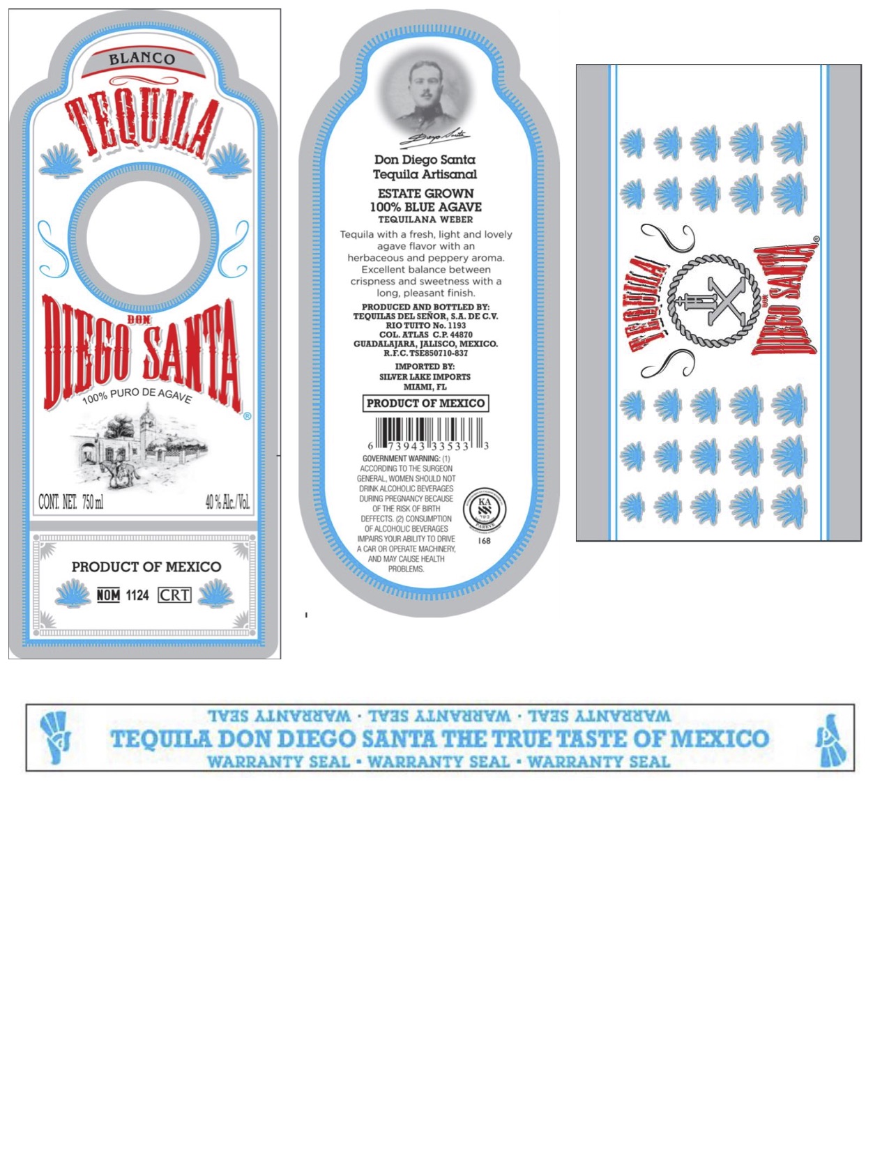 TABC label artwork for Don Diego Santa Blanco Tequila