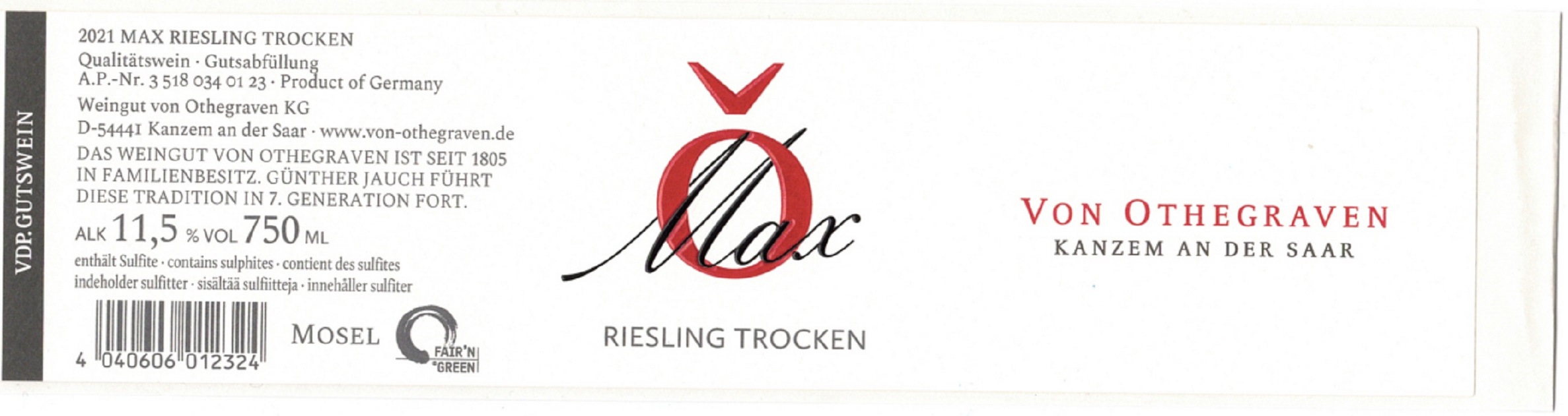 TABC label artwork for Von Othegraven Riesling Trocken 2021 Max