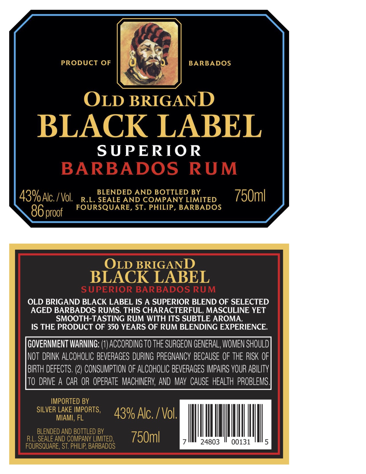 TABC label artwork for Old Brigand Black Label Rum