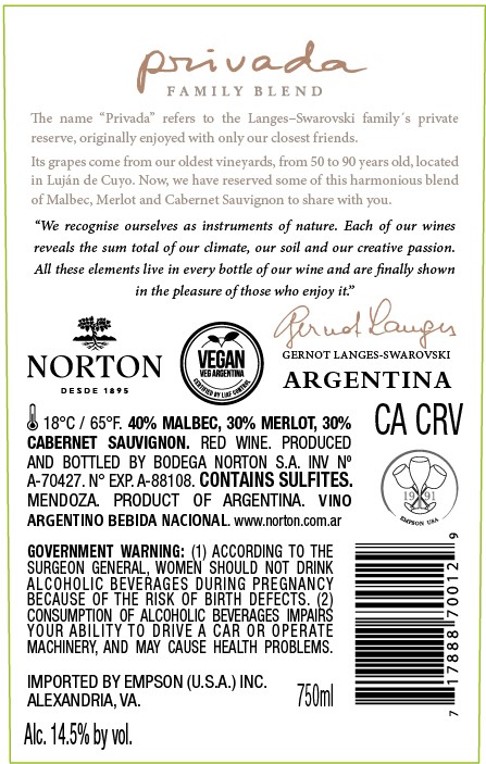 TABC label artwork for NORTON PRIVADA RED FAMILY BLEND
