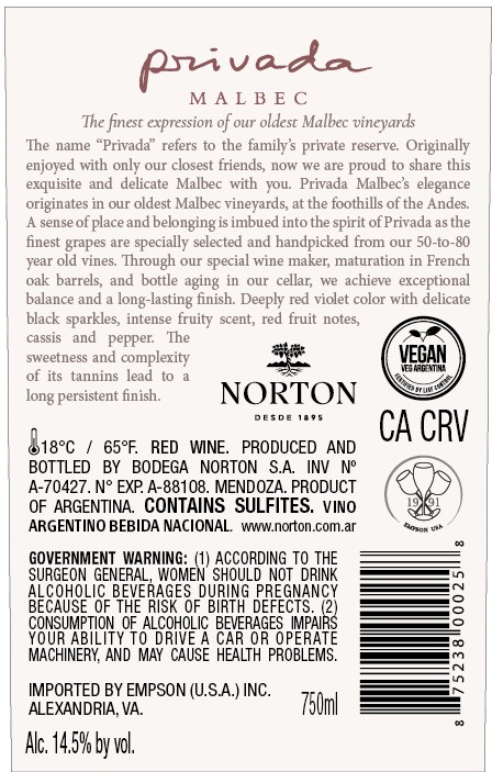 TABC label artwork for NORTON PRIVADA MALBEC