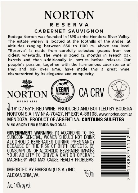 TABC label artwork for NORTON RESERVA CABERNET SAUVIGNON