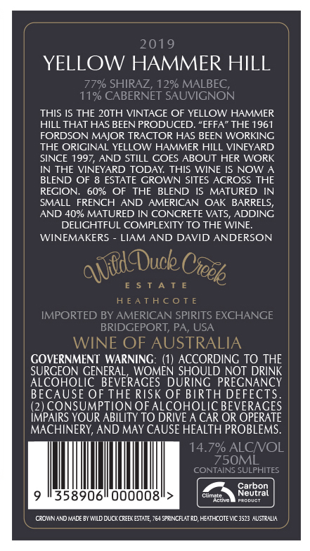 TABC label artwork for Wild Duck Creek Estate Yellow Hammer Hill