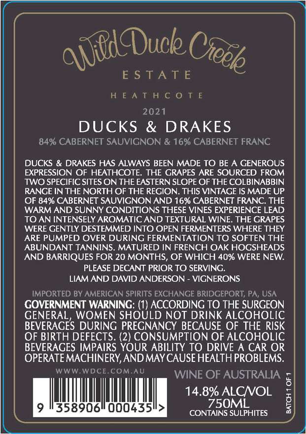 TABC label artwork for Wild Duck Creek Estate Ducks & Drakes