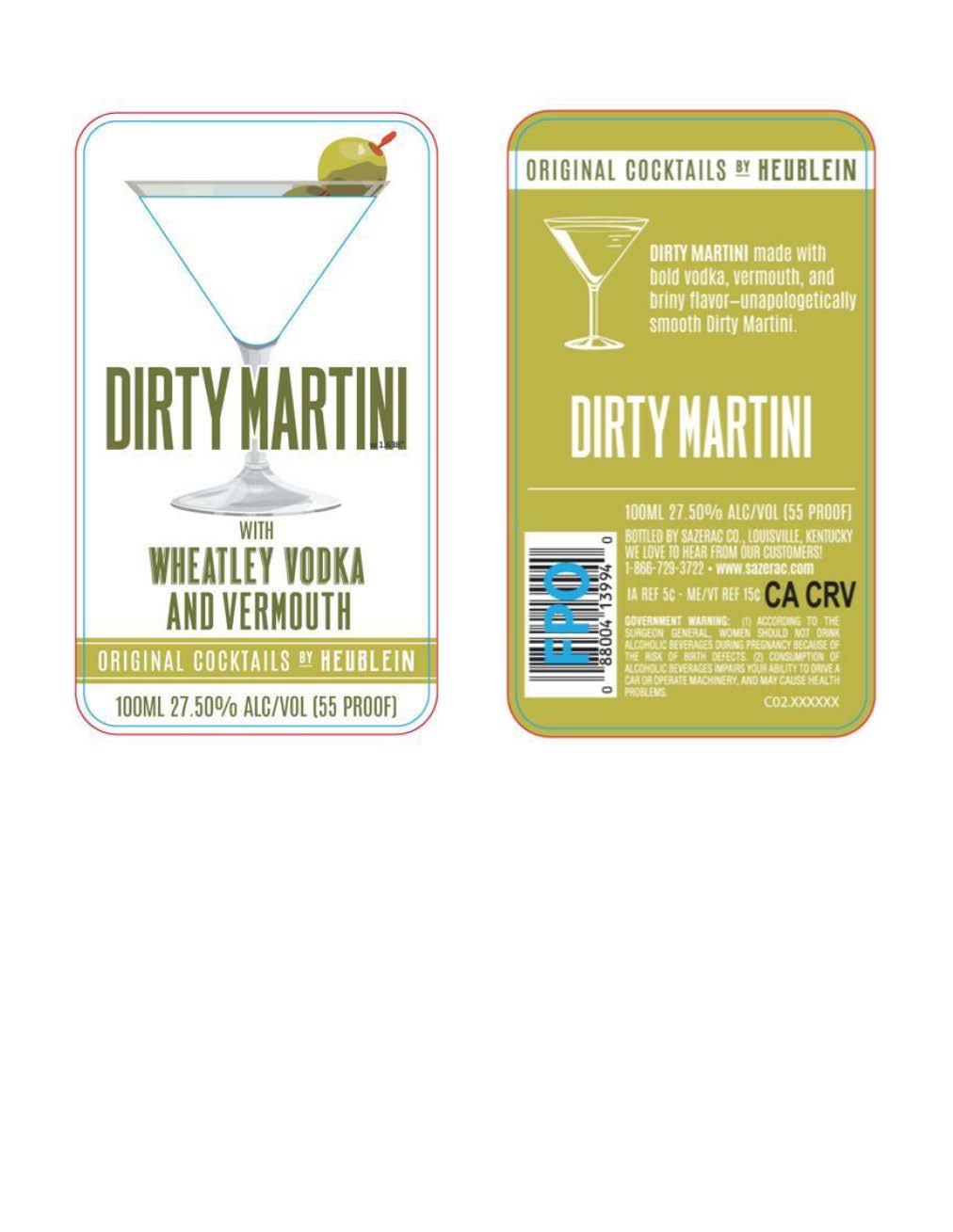 TABC label artwork for Original Cocktails by Heublein Dirty Martini