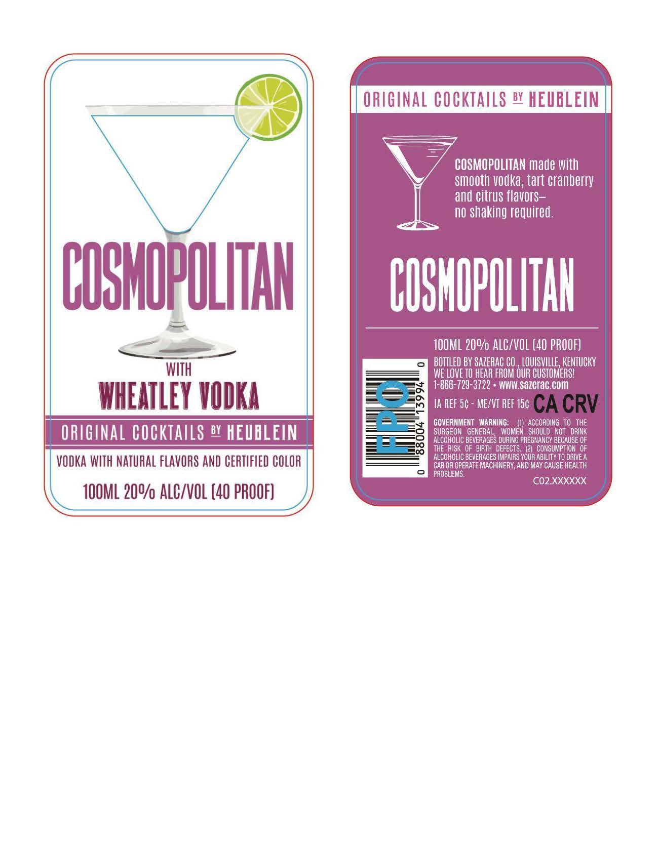 TABC label artwork for Original Cocktails by Heublein Cosmopolitan 100ml