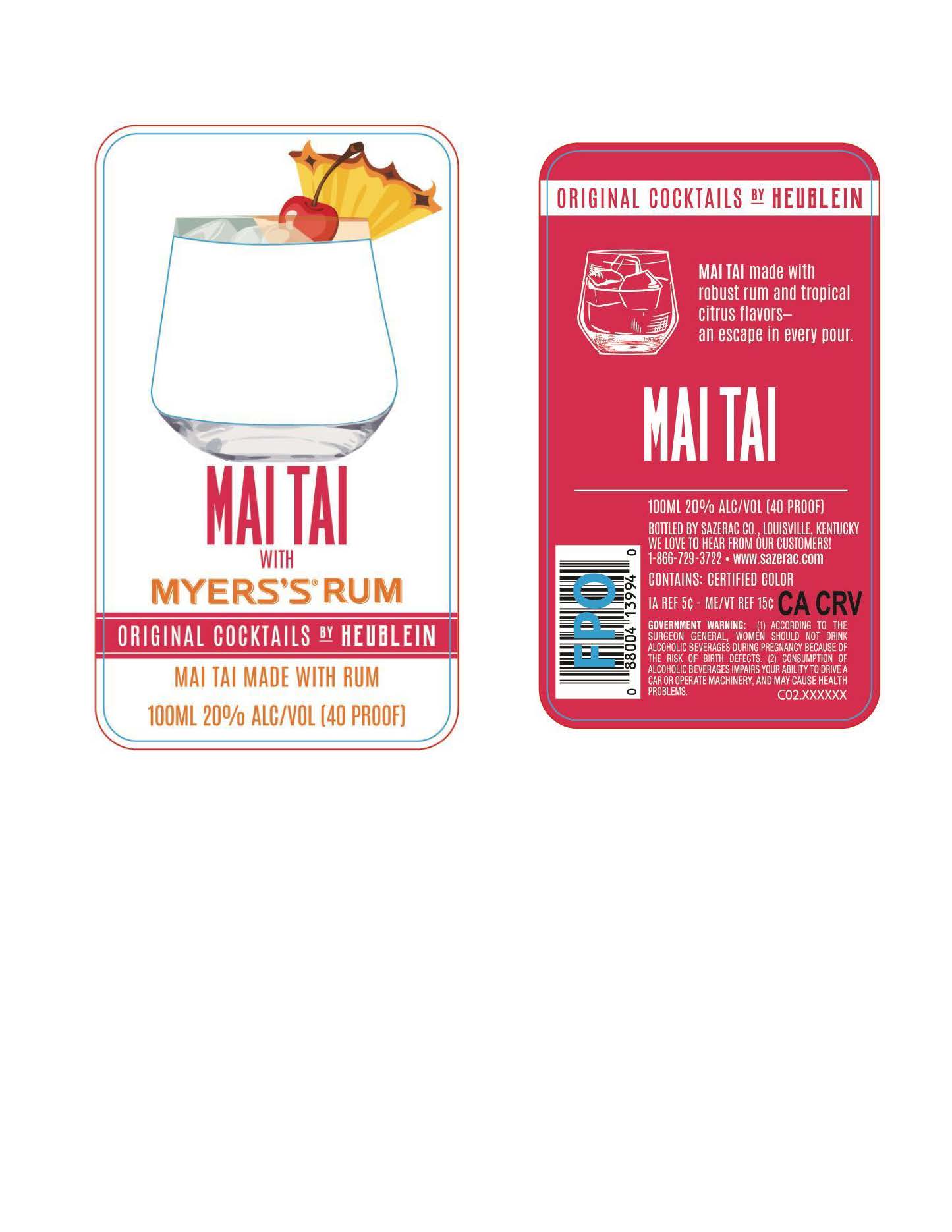 TABC label artwork for Original Cocktails by Heublein Mai Tai 100ml