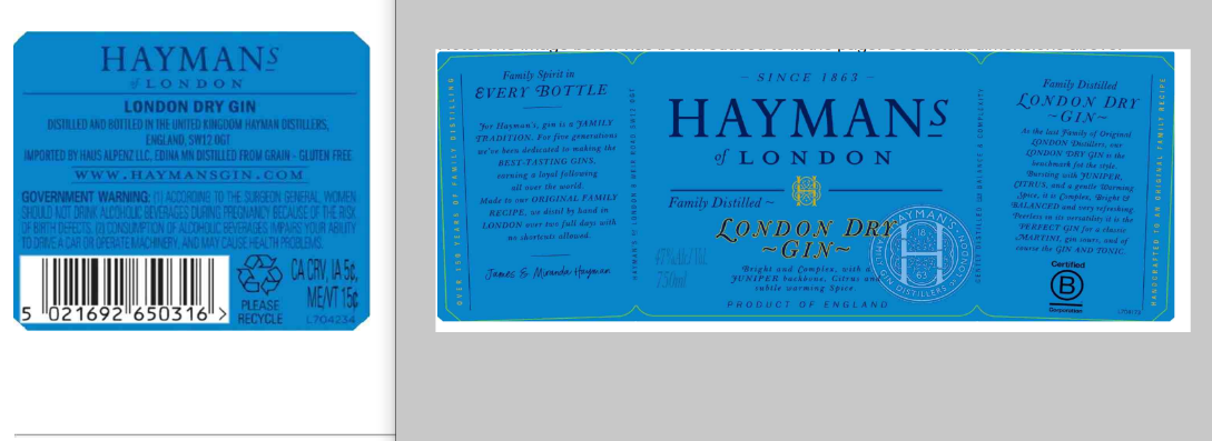 TABC label artwork for Hayman's London Dry Gin
