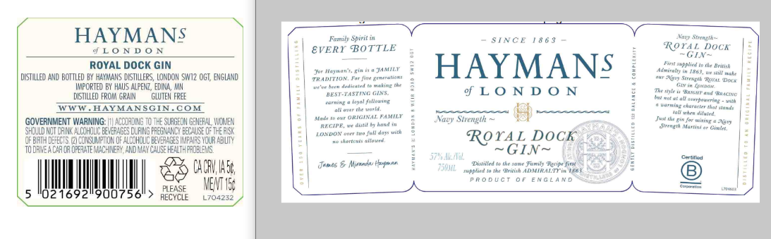 TABC label artwork for Hayman's Royal Dock Gin