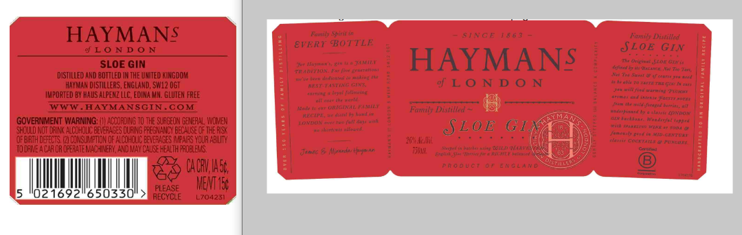 TABC label artwork for Hayman's Sloe Gin