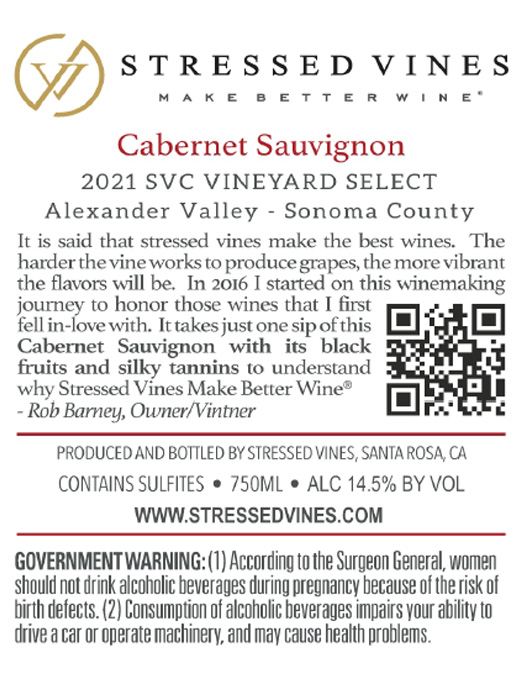TABC label artwork for STRESSED VINES SVC VINEYARD SELECT CABERNET SAUVIGNON ALEXANDER VALLEY
