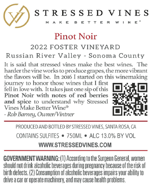 TABC label artwork for STRESSED VINES FOSTER VINEYARD PINOT NOIR RUSSIAN RIVER VALLEY