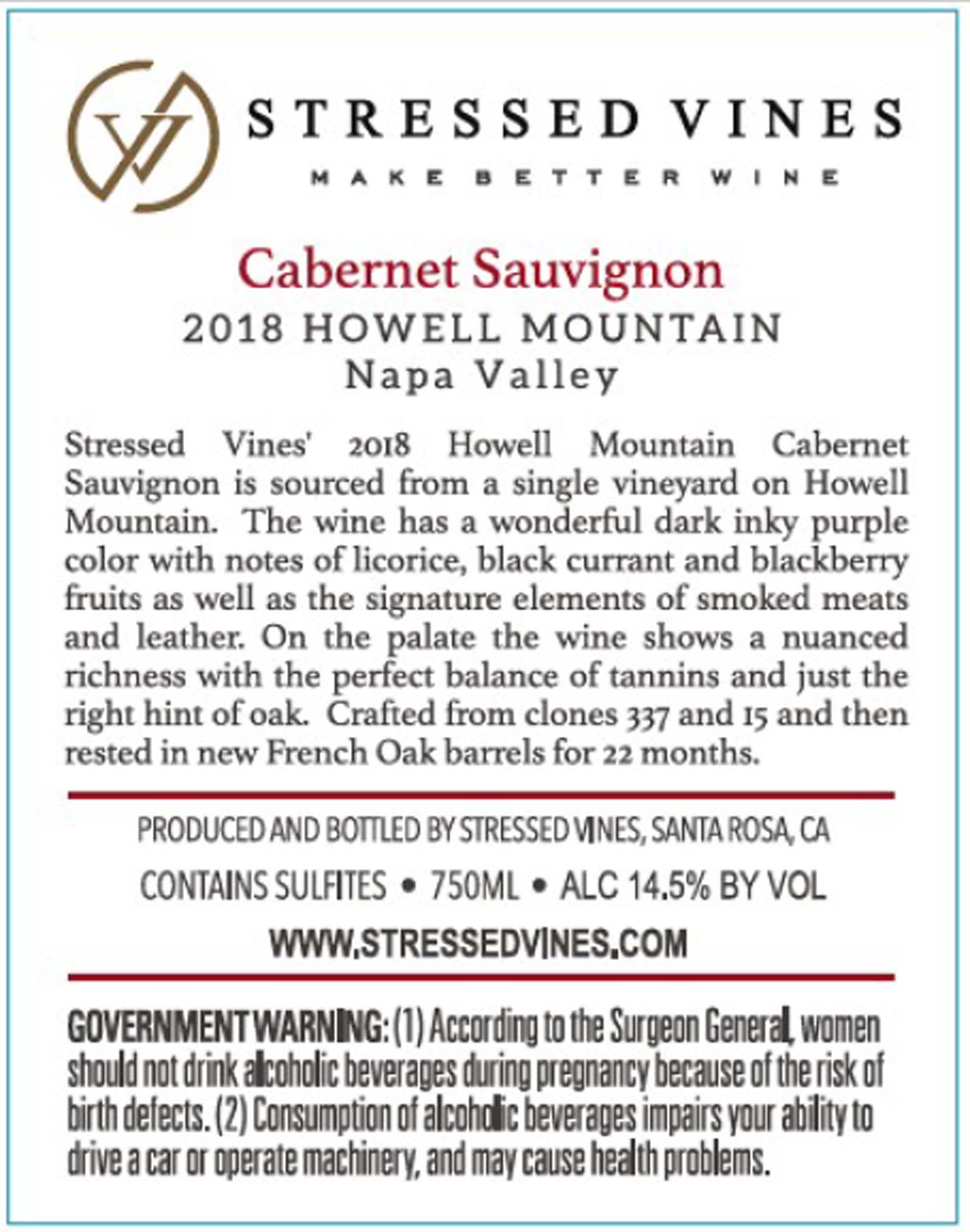 TABC label artwork for STRESSED VINES CABERNET SAUVIGNON