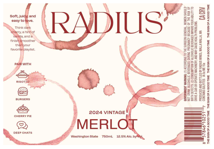 TABC label artwork for Radius Merlot Washington