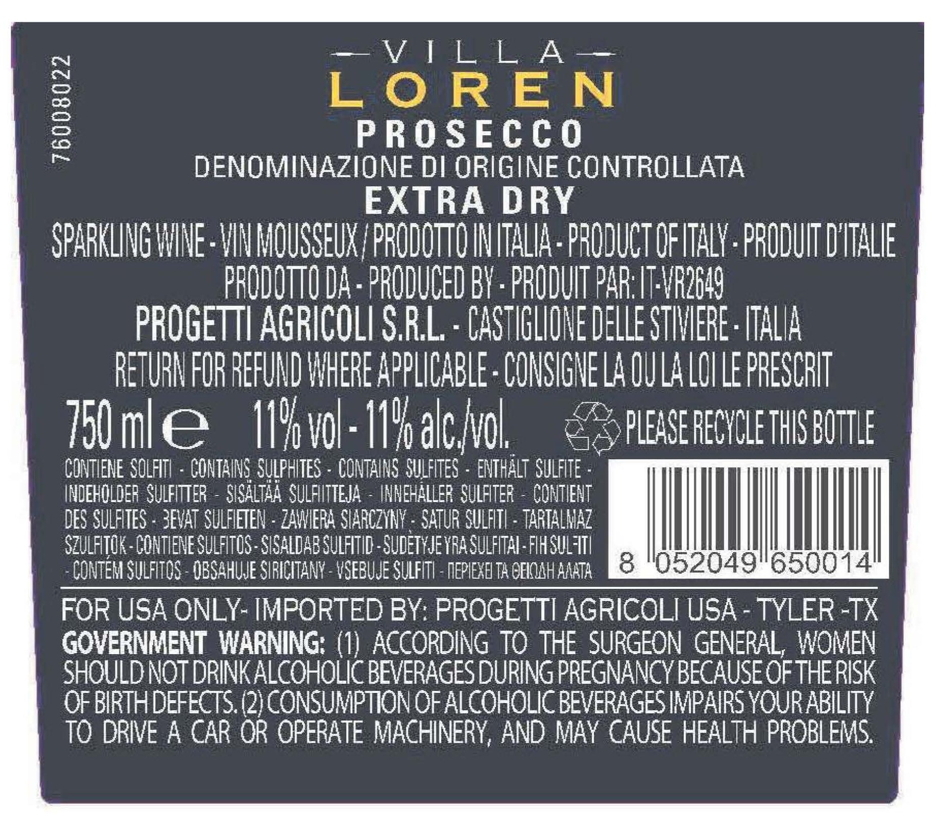 TABC label artwork for VILLA LOREN PROSECCO