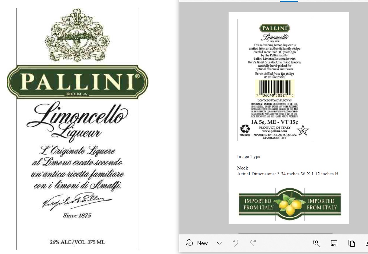 TABC label artwork for Pallini Limoncello