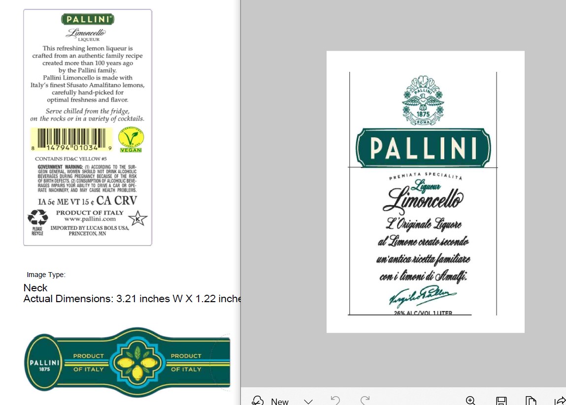 TABC label artwork for Pallini Limoncello