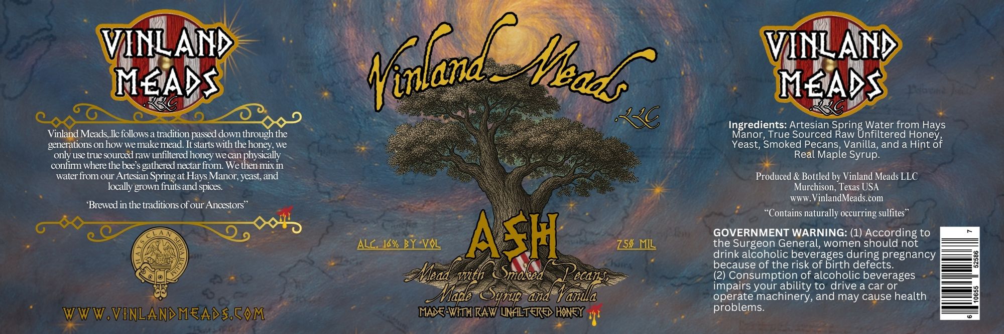 TABC label artwork for Vinland Meads Ash Smoked Pecan Mead