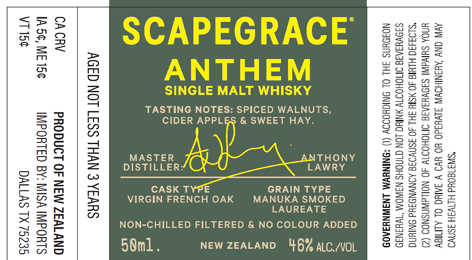 TABC label artwork for SCAPEGRACE ANTHEM SINGLE MALT WHISKY