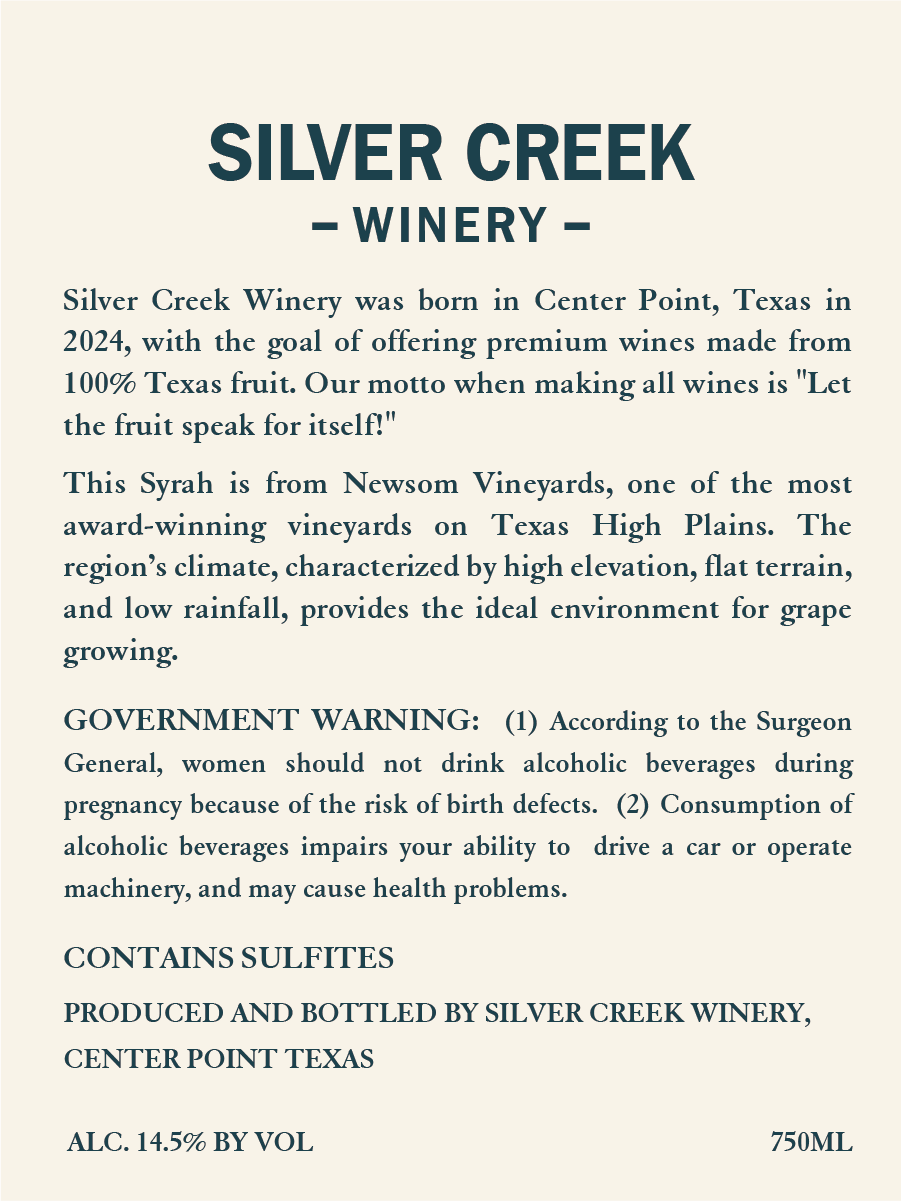 TABC label artwork for Silver Creek Winery Syrah
