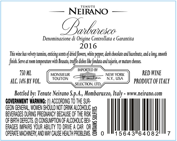 TABC label artwork for TENUTE NEIRANO BARBARESCO