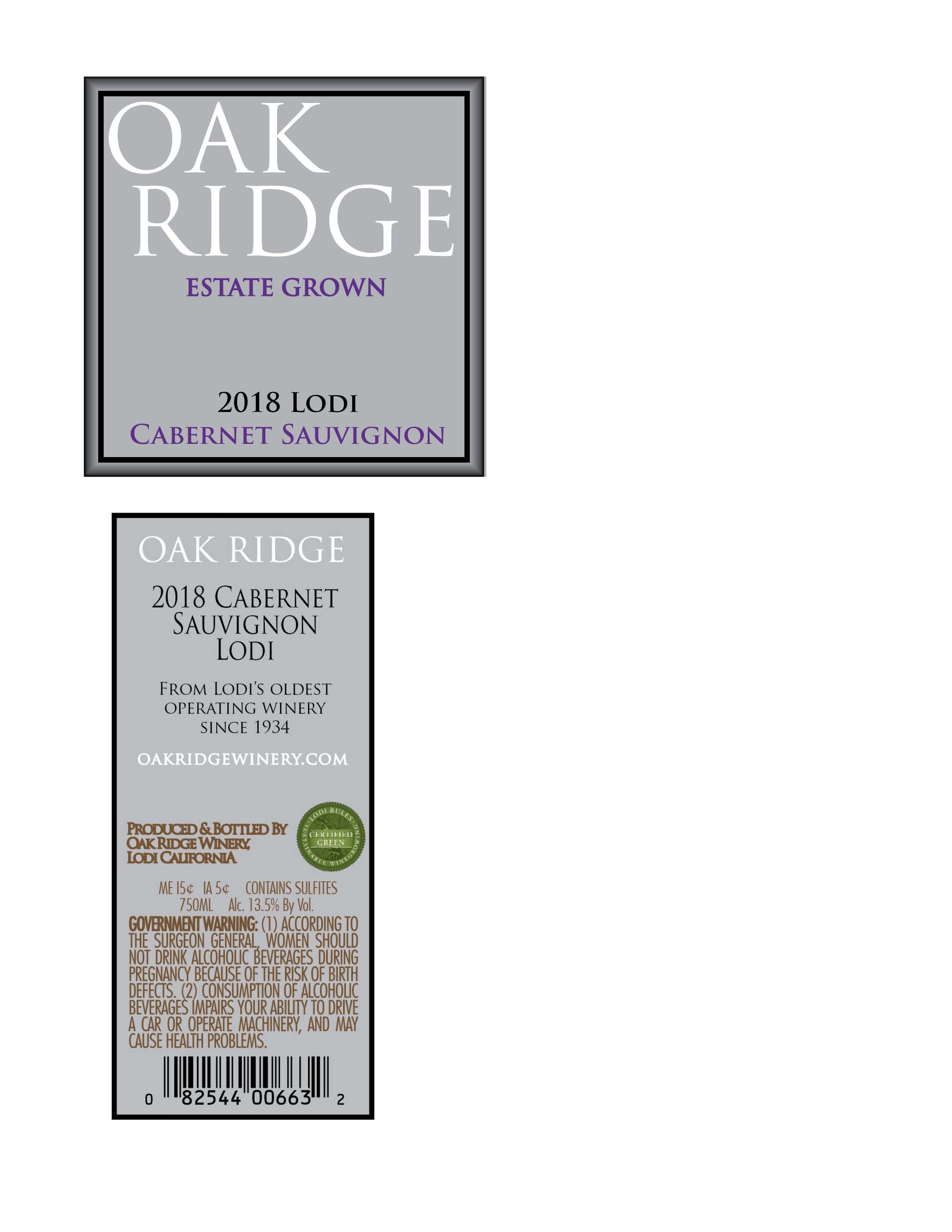TABC label artwork for Oak Ridge Cabernet Estate Grown Lodi