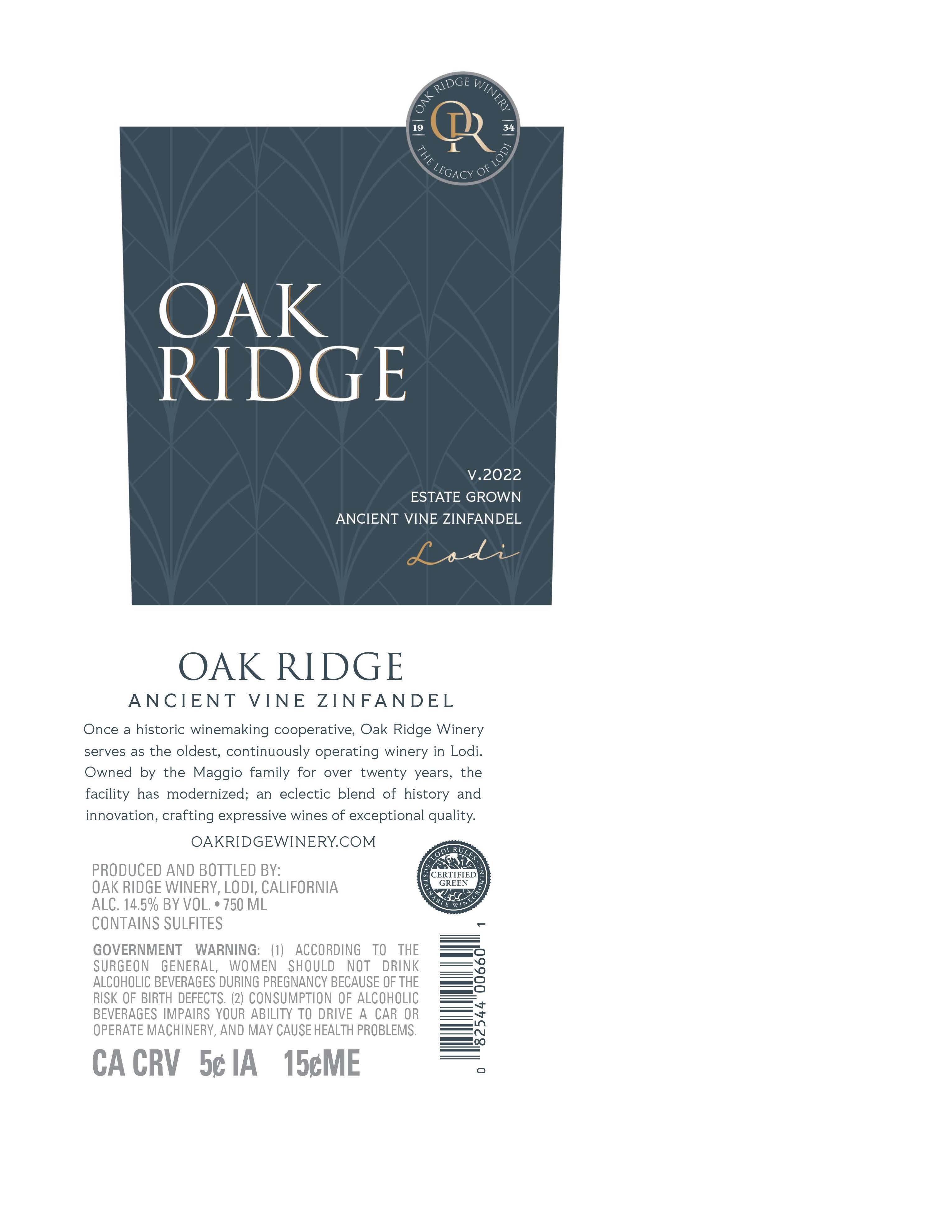 TABC label artwork for Oak Ridge Zinfandel Ancient Vine Estate Grown Lodi