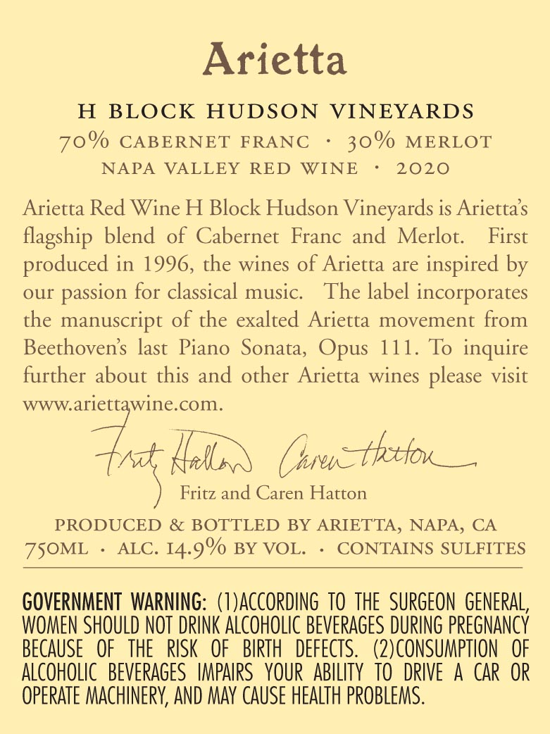 TABC label artwork for Arietta H Block Hudson Vineyards Cabernet Franc, Merlot Napa Valley