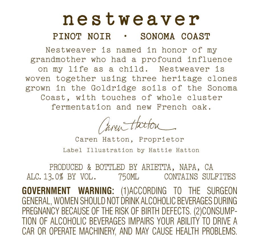 TABC label artwork for Nestweaver Pinot Noir Sonoma Coast