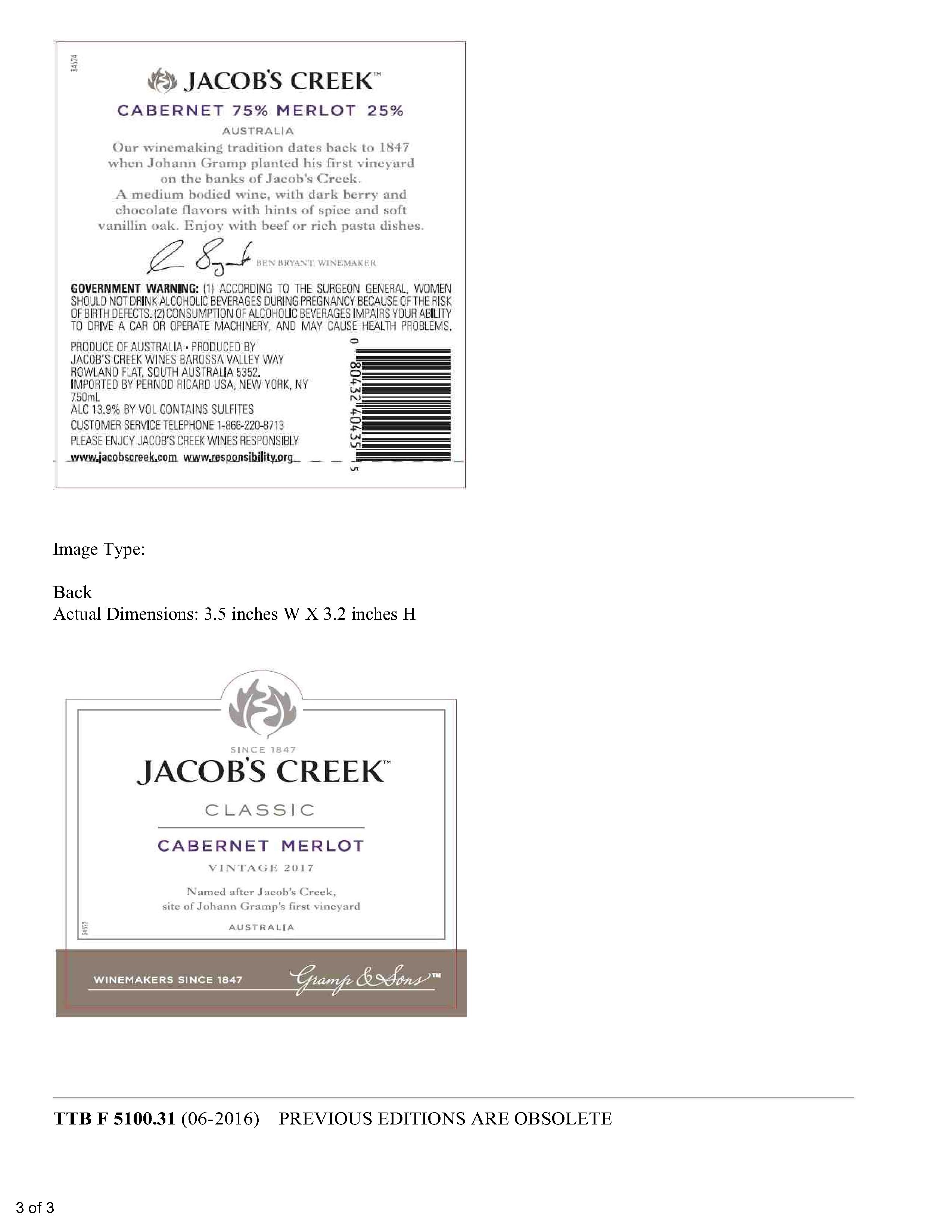 TABC label artwork for Jacob's Creek Classic Cabernet Merlot Australia