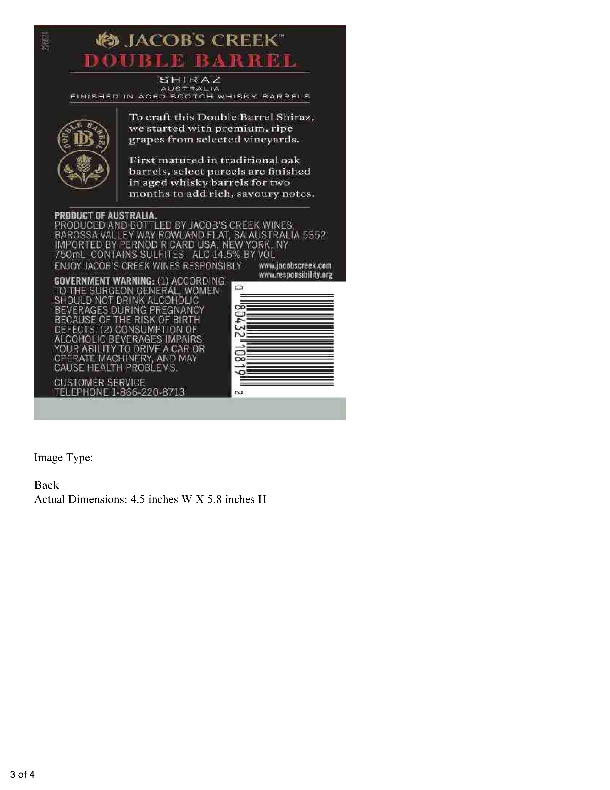 TABC label artwork for Jacob's Creek Double Barrel Shiraz Australia