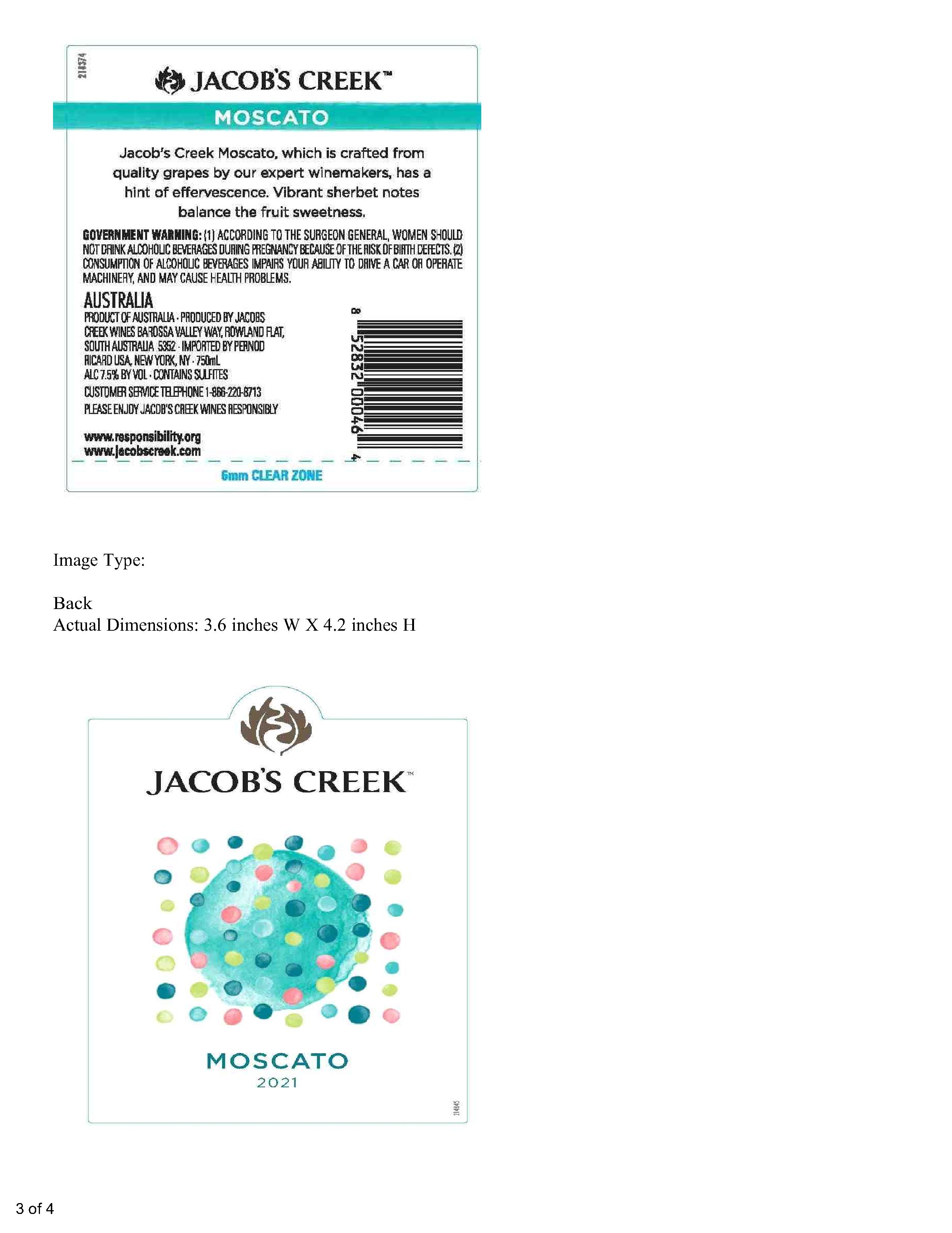 TABC label artwork for Jacob's Creek Moscato Australia