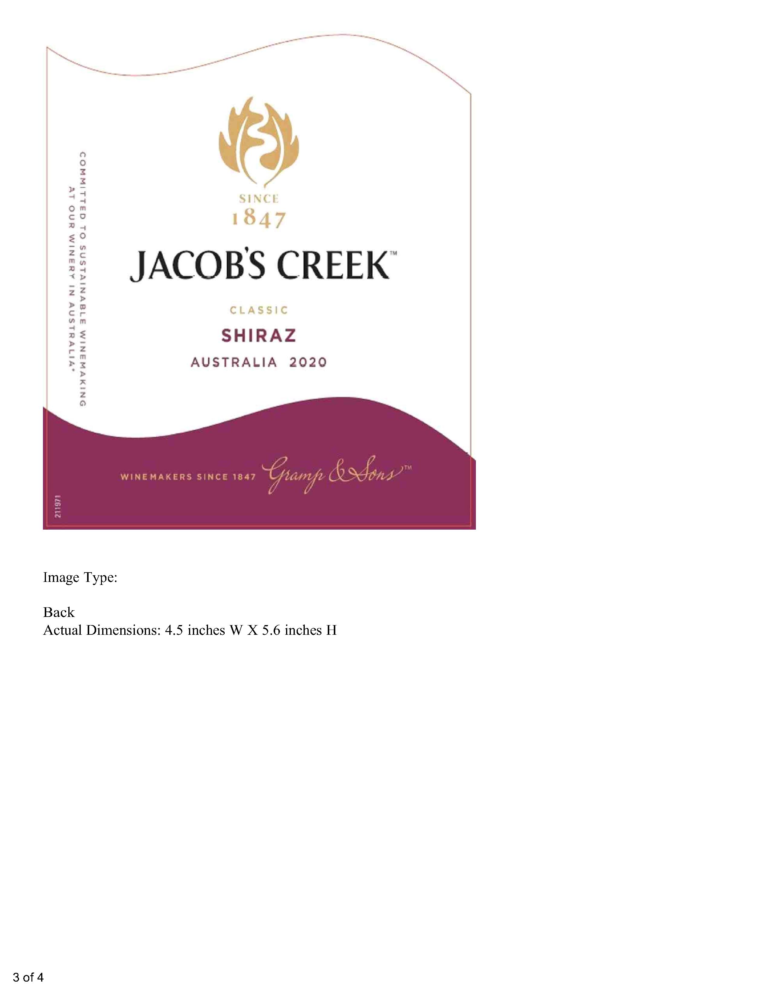TABC label artwork for Jacob's Creek Shiraz Australia