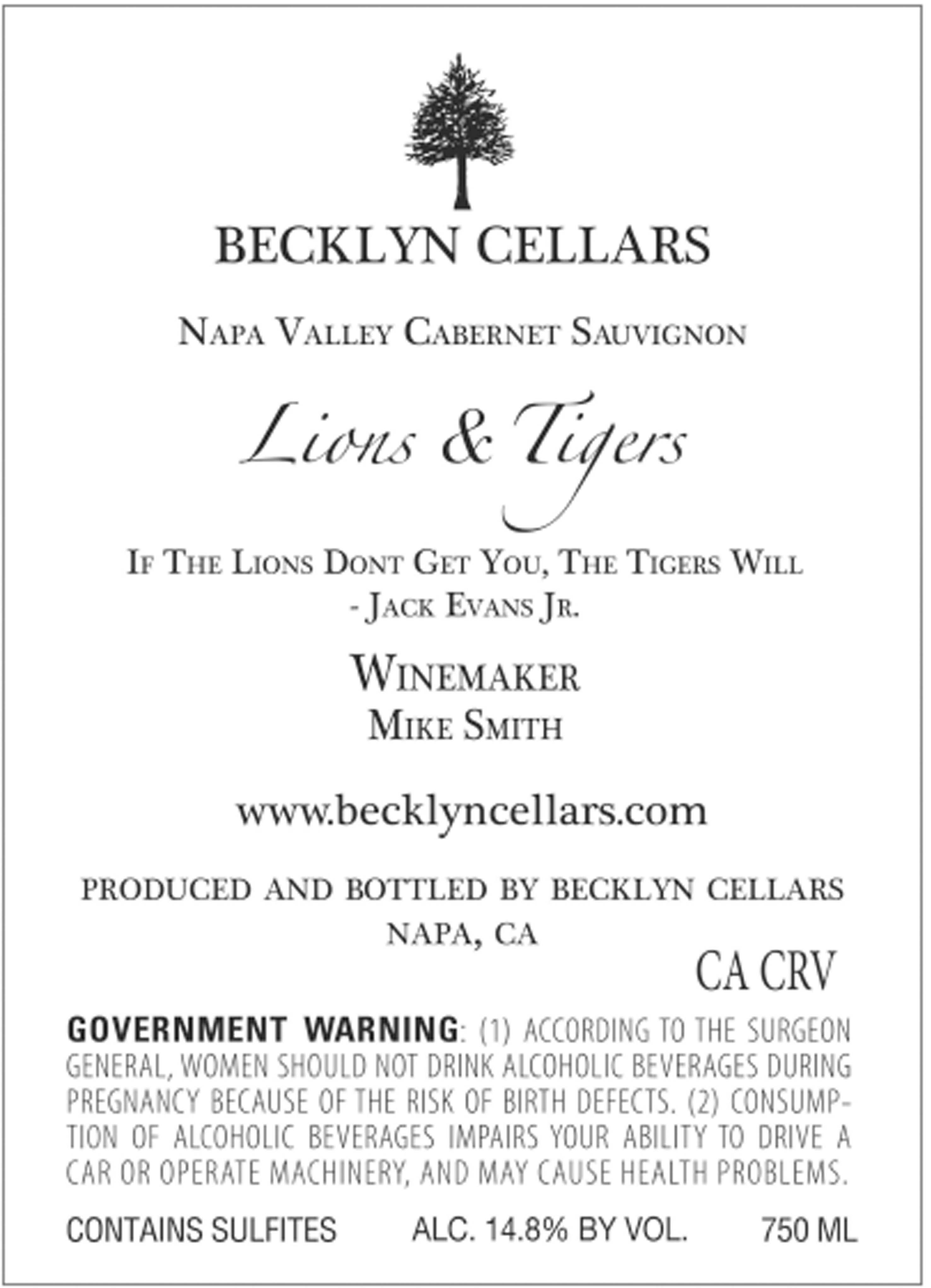 TABC label artwork for BECKLYN CELLARS LIONS & TIGERS