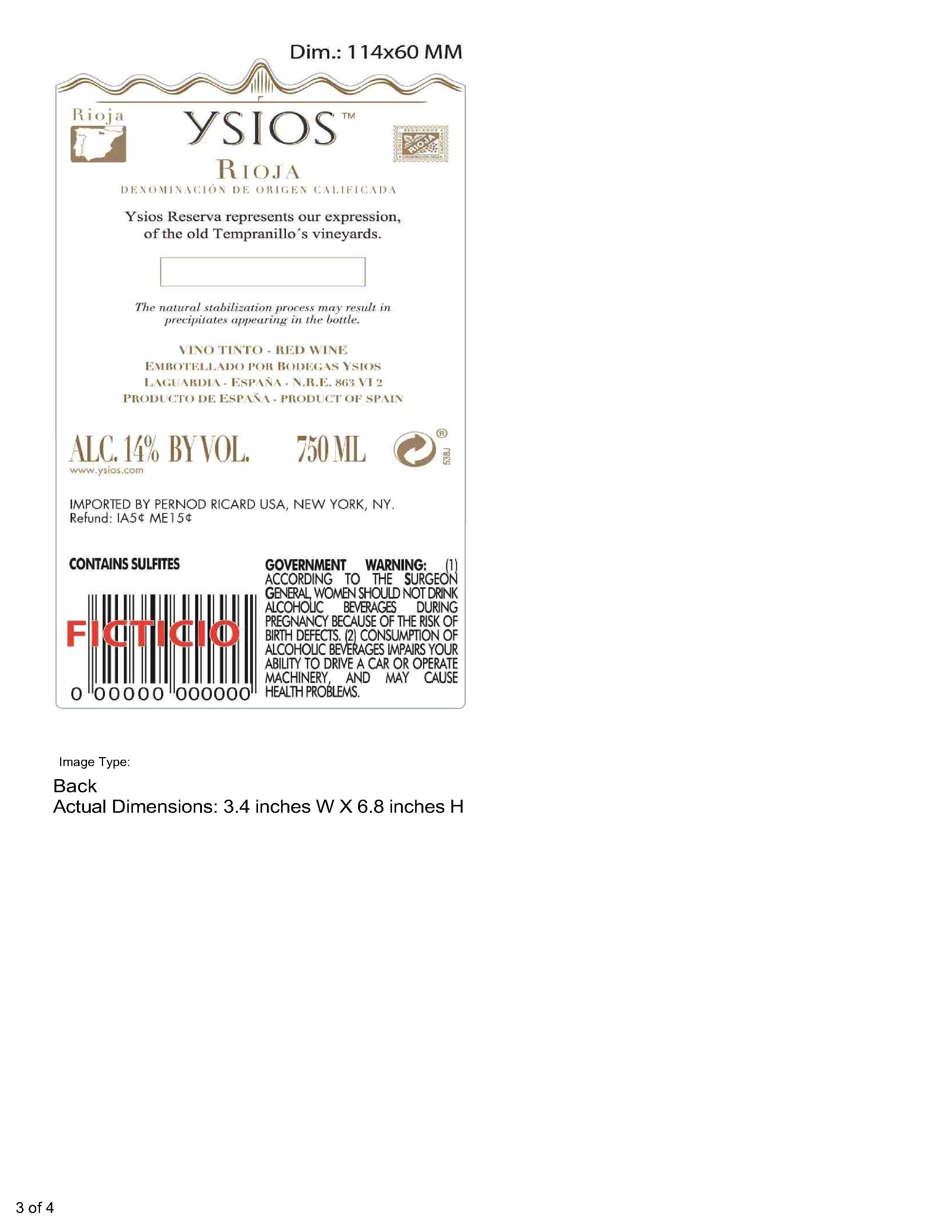 TABC label artwork for Ysios Reserva Red Wine Rioja