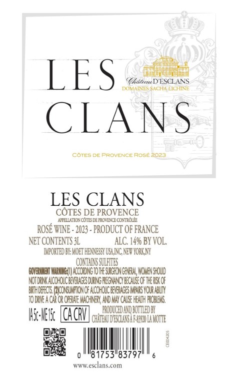 TABC label artwork for Les Clans Rose 2023 3L
