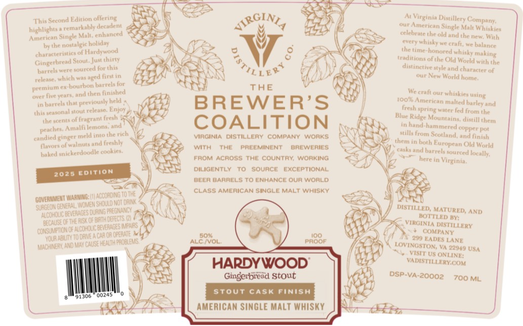 TABC label artwork for Virginia Distillery Co. The Brewer's Coalition Hardywood Whisky