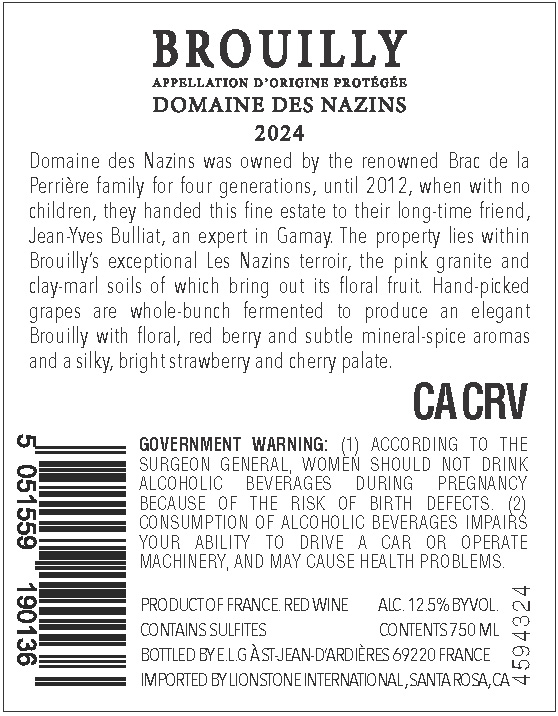 TABC label artwork for Domaine des Nazins Brouilly Red Wine, France