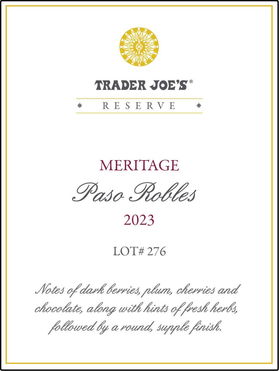 TABC label artwork for TRADER JOE'S RESERVE MERITAGE LOT# 276 PASO ROBLES
