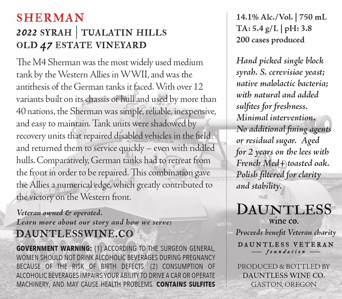 TABC label artwork for Dauntless Wine Co Syrah, Sherman, Tualatin Hills, Oregon