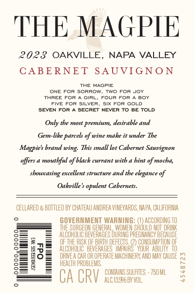 TABC label artwork for The Magpie Cabernet Sauvignon,  Lot 13, Oakville, Napa Valley
