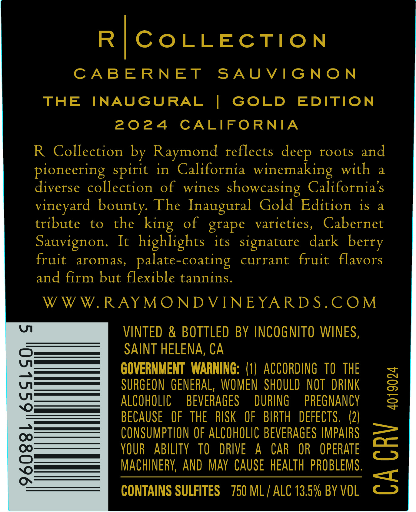 TABC label artwork for The Inaugural R Collection Cabernet Sauvignon, Gold Edition, California