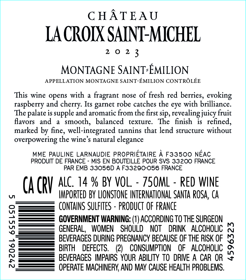 TABC label artwork for Chateau La Croix Saint-Michel Montagne Saint Emilion Red Wine, France
