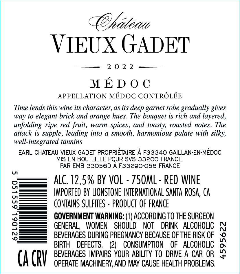 TABC label artwork for Chateau Vieux Gadet Medoc Red Wine, France