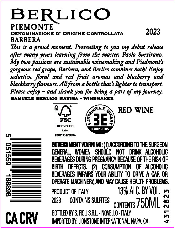TABC label artwork for Berlico Piemonte DOC Barbera Red Wine, Italy