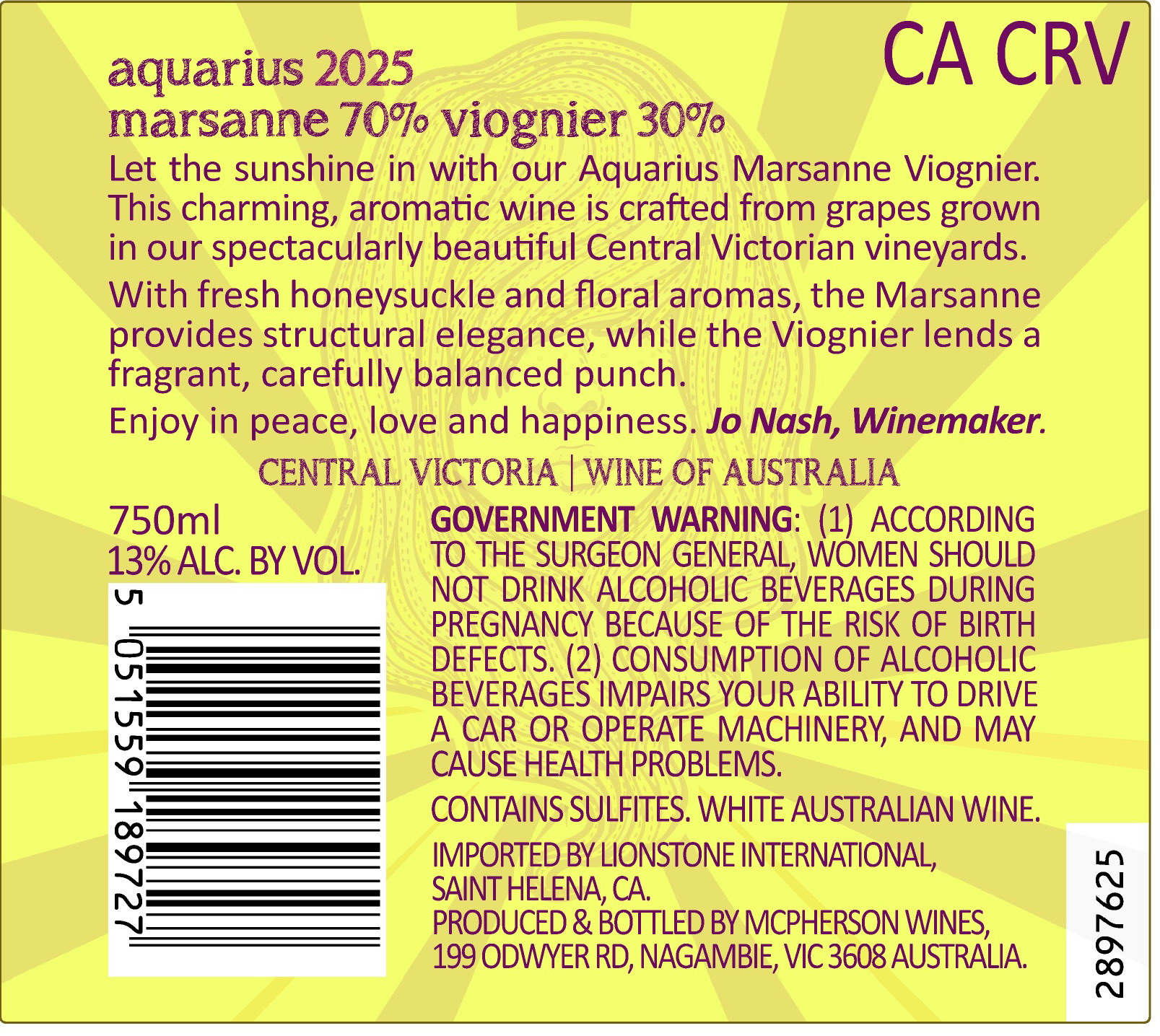 TABC label artwork for Aquarius Central Victoria Marsanne, Viognier, Australia