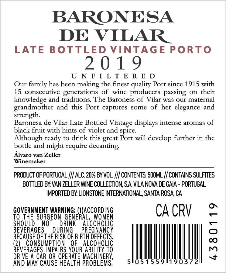 TABC label artwork for Baronesa de Vilar Late Bottled Vintage Porto, Portugal